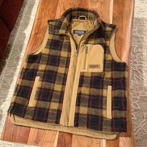 Pendleton Plaid Sherpa Full Zip Vest in Tan, Olive & Black Size Large